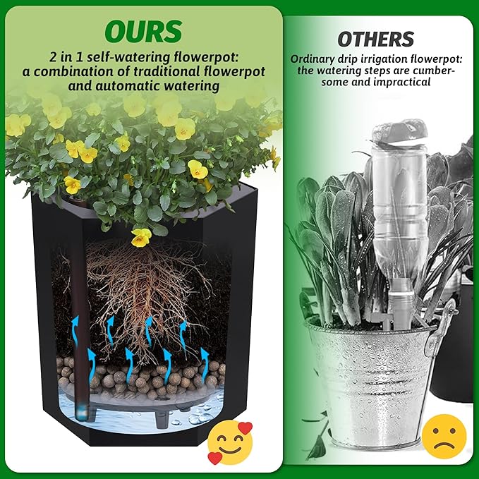 16in Flower Pot Set of 2, Self Watering Planters for Indoor Plants with Water Level Monitoring, Bottom Wheels and Water Outlet for Garden Plant Pots, Patio, Balcony, Lounge, Front Porch Decor