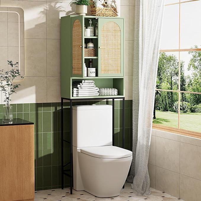 VINGLI Over The Toilet Storage Cabinet, Sage Green Bathroom Organizer Over Toilet with Arched Rattan Doors, Freestanding Space Saver Rack with Adjustable Shelf for Restroom Laundry, Modern Boho