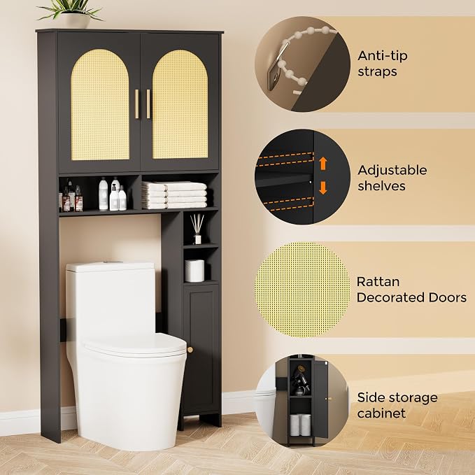 Homhedy 67" H Over The Toilet Storage Cabinet, Bathroom Organizer with Rattan Decorated Doors, Adjustable Shelves, Toilet Paper Holder, Space-Saving Bathroom Shelf for Small Spaces, Natural and Black