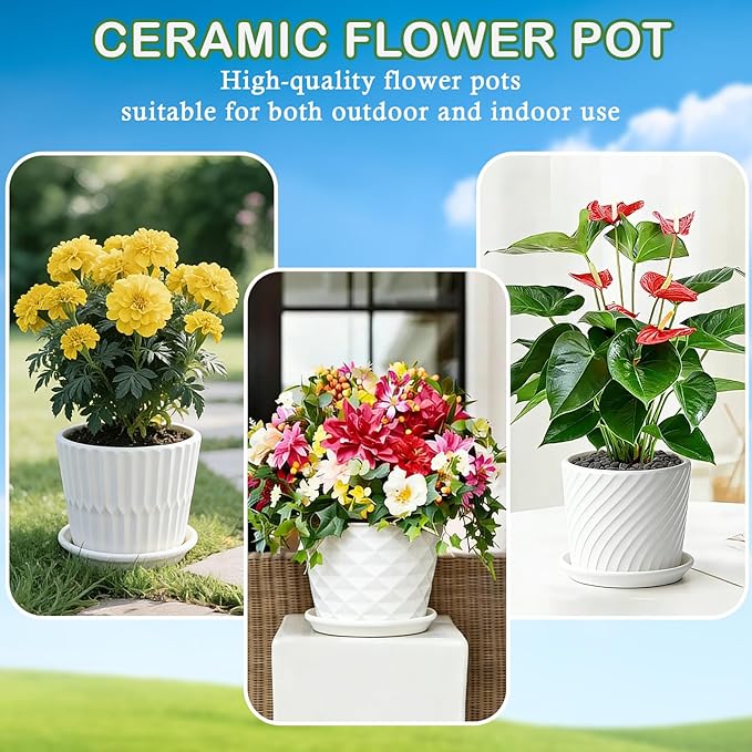 sietpoek Plant Pots - 5.5 Inch Cylinder Ceramic Planters with Connected Saucer, Pots for Succuelnt and Little Snake Plants, Set of 4, White