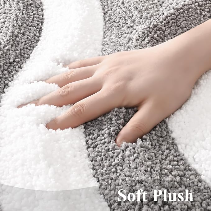QJHOMO Gray and White Bathroom Rugs Non Slip Bath Mat Modern Aesthetic Bathroom Decor, Geometric Striped Bath Rug Soft Fluffy Floor Mats, Thick Microfiber Carpet Machine Washable Bathmat (18x26 inch)