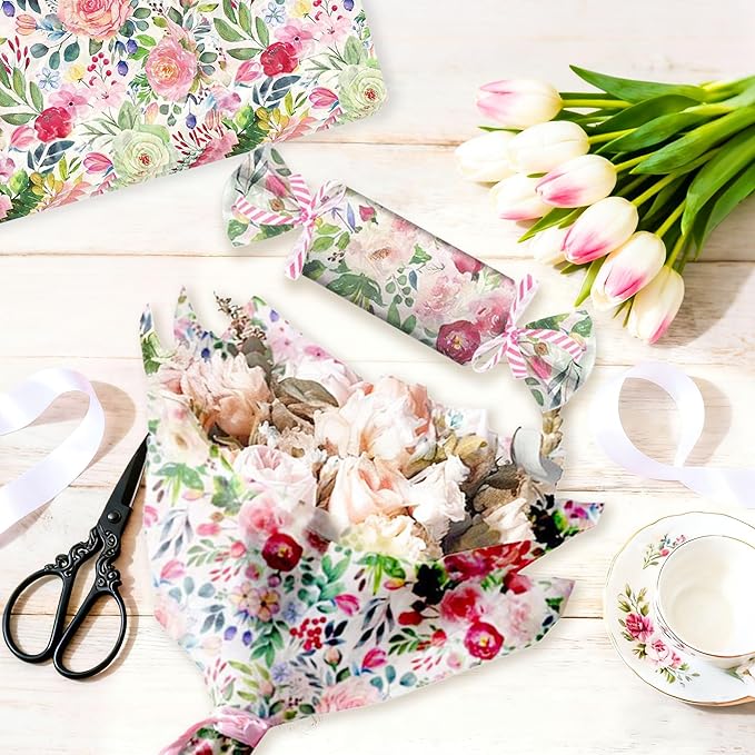 BACH AND BOUJEE 50 Sheets Flower Tissue Paper Watercolor Wildflower Gift Wrapping Paper Floral Patterned Tissue Papers Gift Wrap Crafts Packaging for Flower Wedding Birthday Christmas Party Supplies