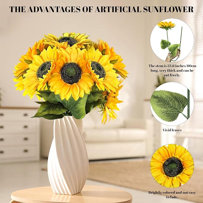 8 PCS 5.9" W x 24.8" H Large Sunflowers Artificial Flowers with Long Stems Silk Fake Big Sunflowers Bouquet Faux Sunflower Arrangement for Home Vase Table Wedding Garden DIY Fall Decor