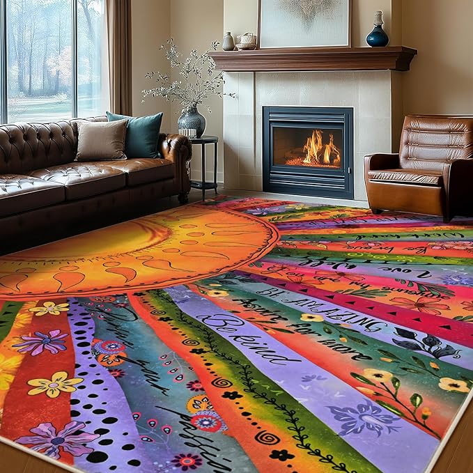 Likiyol Sun Rugs for Living Room 9x12 Area Rug, Non Slip Washable Rugs for Bedroom Soft Faux Wool Inspirational Living Room Rug, Large Floor Carpet for Bedroom, Dining Room, Home Office