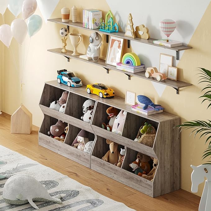 DINZI LVJ Kids Bookshelf, Toy Storage Organizer, Wooden Toy Storage Cabinet, 4 Cubby Children Bookcase, 43.3" L Toddler Book Shelf for Bedroom, Nursery, Hallway, School, Greige
