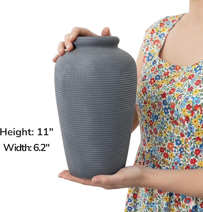 Ceramic Rustic Flower Vase,11 Inch Large Farmhouse Vases Home Decor Pottery Floral Vase Decorations for Living Room Handmade Vintage Vases for Bedroom Decor for Entryway Table Mantel Kitchen-Black