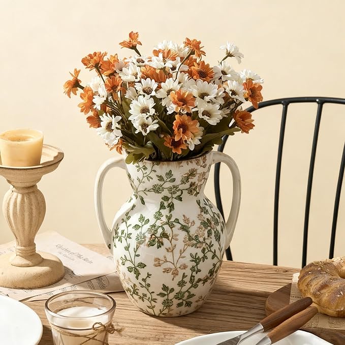 Green and Beige Farmhouse Vintage Vase with 2 Handles, Chinoiserie Floral Vase, Rustic Ceramic Vases for Home Decor, Wedding, Living Room, Table, Shelf Decor - 8.3 Inch Tall