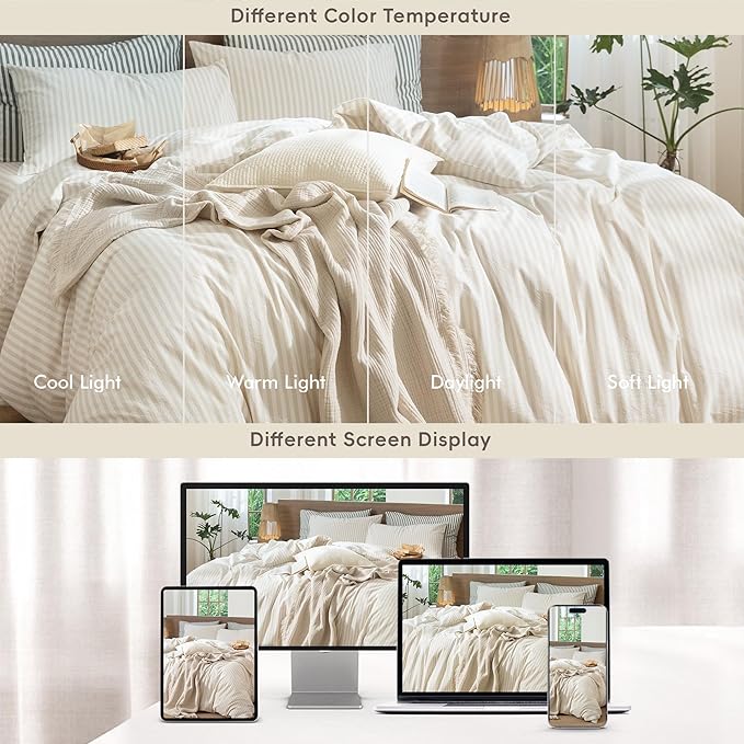 MooMee Striped Duvet Cover Set 100% Washed Cotton Linen Like Textured Breathable Durable Soft Comfy (Almond Milk Grey Classic Stripes, Queen 90"x90")