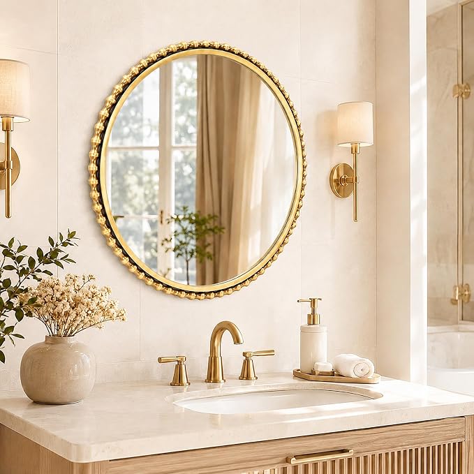 30 Inch Round Gold Bathroom Mirror – Antique Gold Beaded Frame, Large Vintage Decorative Wall Mounted Mirror for Vanity, Bedroom, Living Room, Entryway, 30" Round Gold Accent Mirror