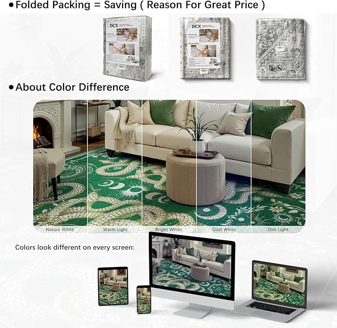 DCX Washable 9x12 Snake Rug, Green Gothic Rug for Living Room, Soft Low Pile Carpet, Kid & Pet Friendly with Rubber Back Non Slip, Stain Resistant Rug for Bedroom Dining Room Office