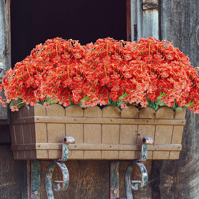 Uieke 16PCS Artificial Flowers for Outdoors, UV Resistant Fake Flowers No Fade Faux Plastic Plants for Garden Porch Window Box Home Décor (Red)
