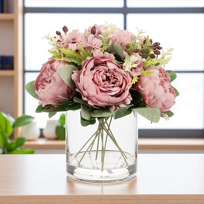 ENOVA FLORAL Artificial Flower Arrangement with Vase,Mixed Artificial Fake Silk Peony Flower in Vase for Decoration Home Office, Wedding Centerpiece (Purple01)
