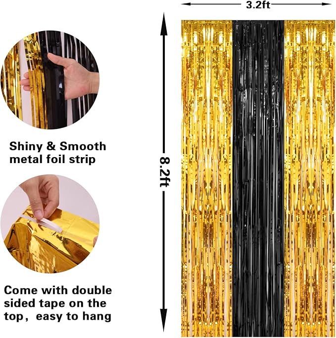 2 Pack 3.2x8.2 Feet Black and Gold Tinsel Backdrop Party Decorations, Foil Fringe Curtains Backdrop for Birthday Graduation Wedding Engagement Bridal