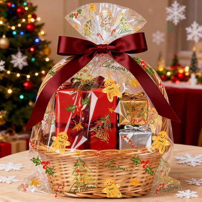 SYOGUA Clear Cellophane Wrap with Christmas Designs, 100 Ft x 34 In Extra Wide Cellophane Roll Christmas Cellophane Paper for Gifts, Baskets, Treats, Candies, Favors, Decoration