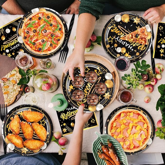 48pcs Retirement Party Decoration Set,16 Dessert plate,16 Napkin And 16 Fork,16 persons Black Gold Disposable tableware,Black Gold Retirement Party Supplies