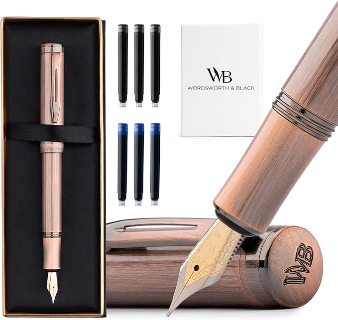 Wordsworth and Black Fountain Pen Mini EDC: Luxury Copper Heavy Pocket Pen, Medium Nib, 6 Ink Cartridges, Ink Converter, Travel Refillable Writing Pen Gift Set, Men & Women