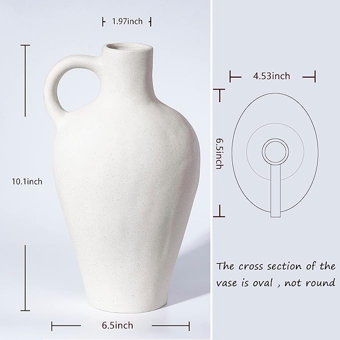 BlossoME Antique Ceramic White Vase for Home Decor, Stoneware Jug for Room Centerpiece, Rustic, Farmhouse and Vintage Pottery Gifts, Matte, with Handle-Height 10”