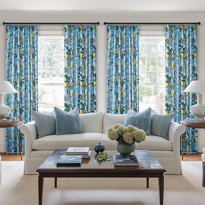 Blue and White Patterned Floral Aesthetic Curtains 84 Inch Length Farmhouse Vintage Pinch Pleated Drapes Birds Luxury 2 Panels for Kid Bedroom Living Room, Chambray Blue