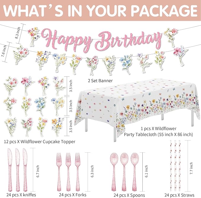 Wildflower Party Supplies, Floral Party Decorations Tableware, Plate, Napkins, Cup, Cutlery, Tablecloth, Backdrop, Banner, Spring Summer Flower Decorations For Birthday, Baby Shower, Serve 24