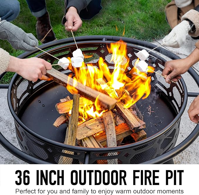 Florise 36 Inch Fire Pit, Outdoor Wood Burning Firepit with Removable Grill & Poker, Heavy Duty Metal Round Fireplace,2 in 1 Large Bonfire for Outside,BBQ,Yard,Patio