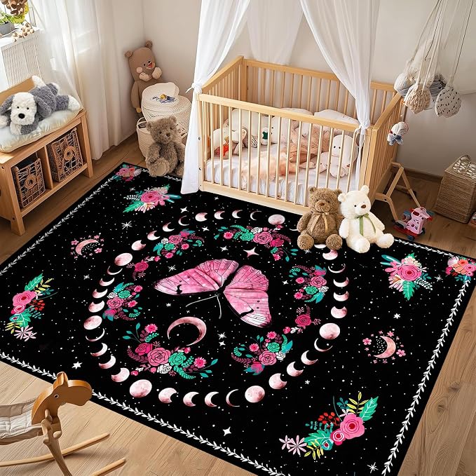 Pink Butterfly Area Rug 2'x3' Moon Phase Floral Rugs for Entryway Bedroom Living Room Kitchen Home Decor Boho Gothic Butterfly Carpet Non-Slip Washable Floor Mat