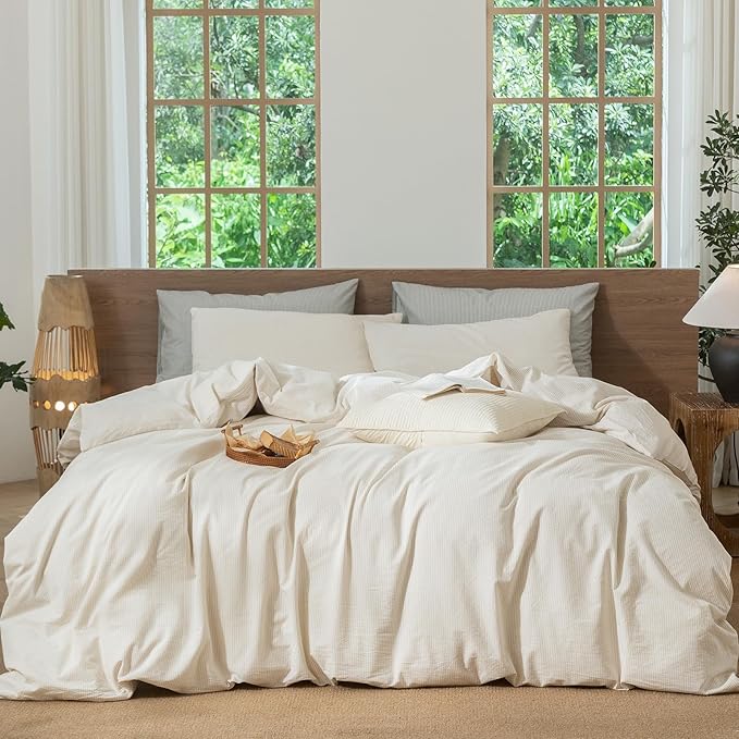 MooMee Striped Duvet Cover Set 100% Washed Cotton Linen Like Textured Breathable Durable Soft Comfy (Almond Milk Grey Pinstripes, Palatial King/Oversized King 120"x98")