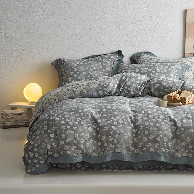 Jacquard Leopard Duvet Cover King Yarn-Dyed Linen Cotton Duvet Cover Vintage Grey Leopard Print Bedding Set Floral Muslin Cotton Jacquard Comforter Cover Boho Leopard Pattern Duvet Cover for Men Women