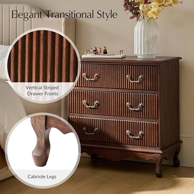 HULALA HOME Transitional Side Table Set of 2 with 3 Drawers and Charging Station, 28" Solid Paulownia Wood Sidetable with Vertical Stripe, Walnut