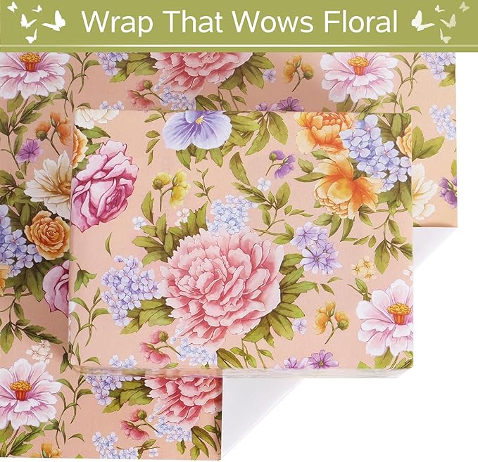RayofSun Floral Wrapping Paper Roll Roll 17 in x 32ft Mini Roll Pink Peonies Yellow Roses Blooms Gift Wrap Paper for All Occasion Wedding Birthday Bridal Shower Party Wrapping Supplies