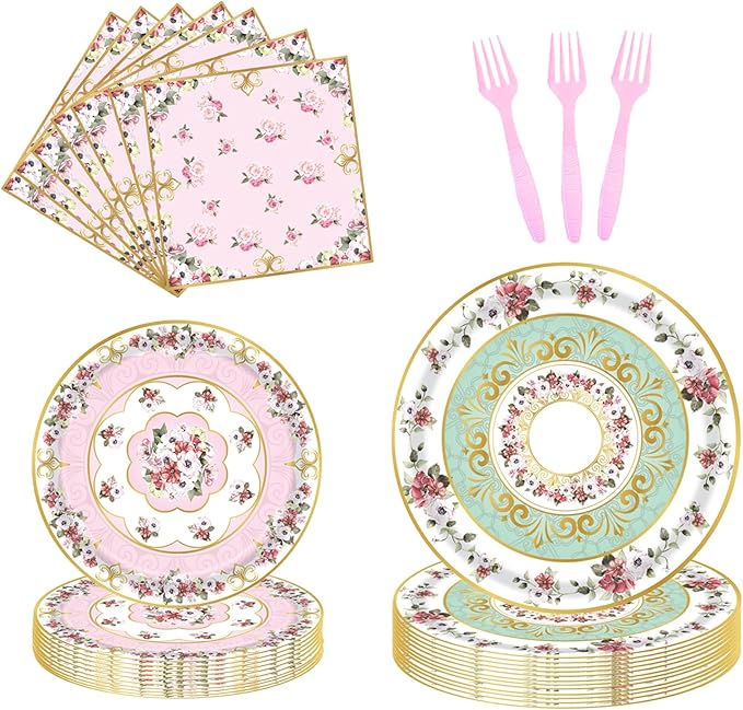 96pcs Floral Party Supplies Flower Paper Plates and Napkins Tableware Set for 24 Guest Floral Party Disposable Paper Dinner Plates Napkins Forks for Birthday Bridal Shower Tea Party Supplies
