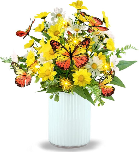 HOSY Artificial Daisy Bouquet in Glass Vase with Fairy Lights, Silk Flower and Butterfly Arrangements for Table Centerpiece Decoration (Daisy)