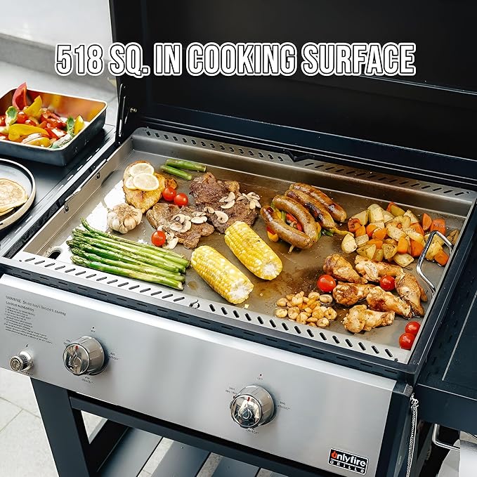 ONLYFIRE GRILLS Heavy Duty Propane Gas Griddle with Grill Cover, Premium 2-Burner Flat Top Gas Griddle with 518 sq.in Cooking Area, Foldable Side Tables, for Outdoor Patio Backyard BBQ Party, GS351