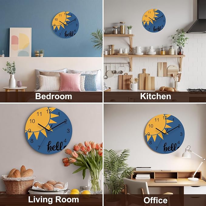 Sunburst Rays Wall Clock Battery Operated Non-Ticking 10" Round Wood Clocks, Mustard Yellow Slate Blue Kitchen Wall Clock for School Bathroom Living Room Home Office Wall Decor