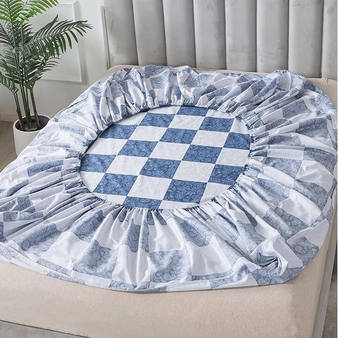 FADFAY Paisley Twin Extro Long Size Plaid Navy Blue Sheets 100% Cotton Geometric Checker Bedding Teens Grid Grey Gingham Pattern College Bedding Deep Pocket Sheets with 2 Pillowcases Ultra Soft 4pcs
