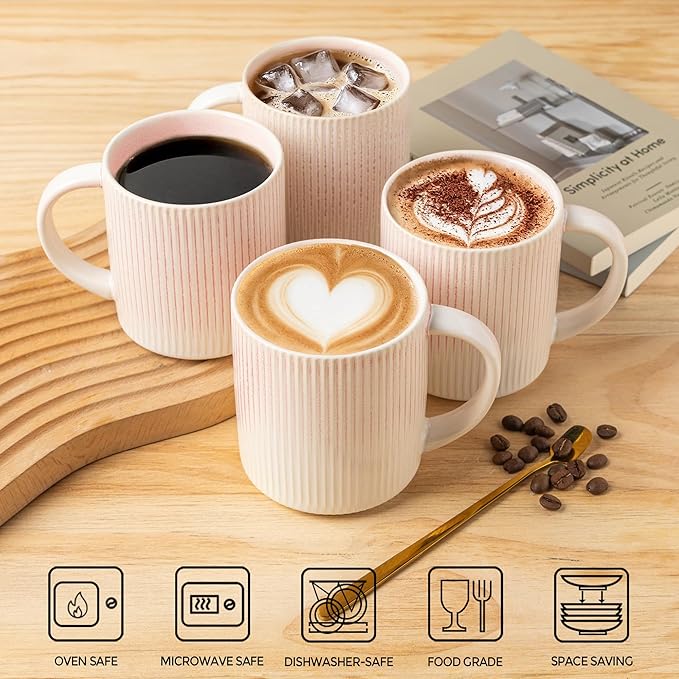 theterra Ceramic Coffee Mugs Set of 6, 14.2oz Handmade Coffee Cups with Handle for Latte, Tea, Milk, Beer, Hot Cocoa, Primrose Pink