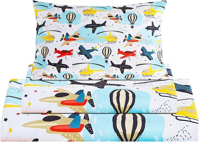Viviland 3 Pieces Boys Plane Twin Sheet Set - Soft Microfiber Fitted Flat Sheets & Pillowcase - Hot Air Balloon Print Bedding Sets - for Kids & Toddlers