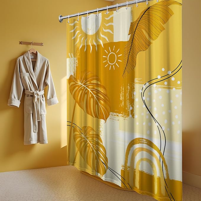 Yellow Shower Curtain Mustard Bohemian, 60x72 Inchs | Abstract Design, Mid Century Modern Pattern Theme, Bathroom Decor Sets, Waterproof Cloth Fabric, with Hooks