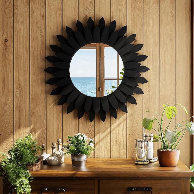 Boho Wood Sunburst Round Wall Mirror, 20 Inch Rustic Circle Wooden Frame Decorative Mirror for Farmhouse Coastal Home, Home Wall Decor for Living Room Entryway Bedroom, Black