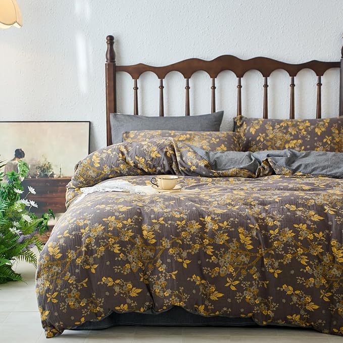 mixinni Vintage Floral Duvet Cover Queen Set - Gold Jacquard & Grey Reversible, 100% Yarn-Dyed Double-Layer Cotton, Breathable & Luxurious Farmhouse Bedding (3-Piece, Includes 2 Pillowcases)