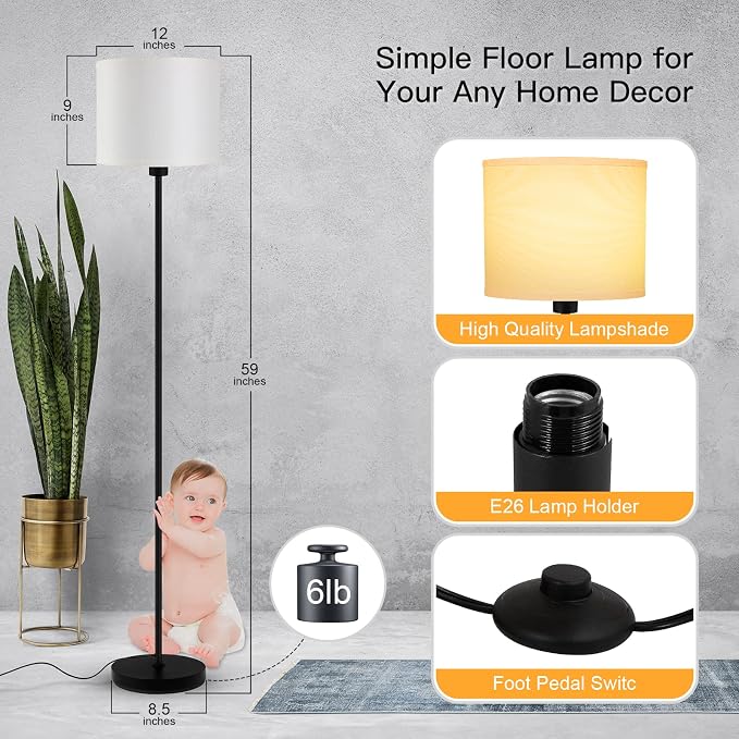 Floor Lamps for Bedroom, Small Standing Lamp with Bulb(12W, 2700K), White Lampshade, Foot Switch, Simple 59" Tall Pole Lamps for Kids Room/Girls Room/Boys Gift/Living Room/Classroom, Boho Reading Lamp