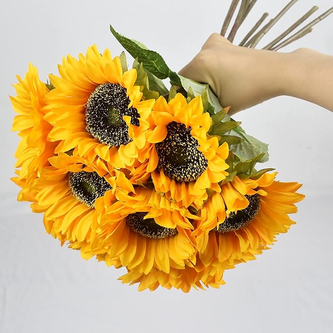 8pcs Artificial Sunflower Flowers Long Stem Large Silk Sunflowers Bridal Wedding Bouquet Fake Yellow Flower Arrangements for Outdoor