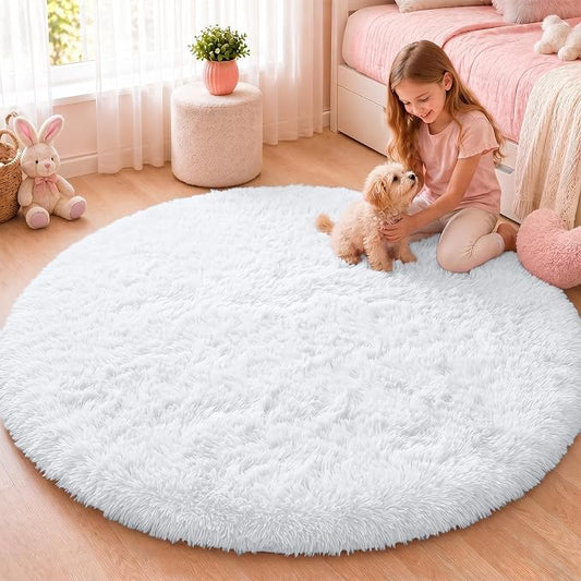 OLANLY White Round Rugs for Bedroom - Machine Washable, 4 ft Circle Area Rugs for Living Room, Soft and Fluffy Shaggy Carpet for Teen Girls and Boys, Nursery Rooms, Dorms, Home Decor Aesthetic