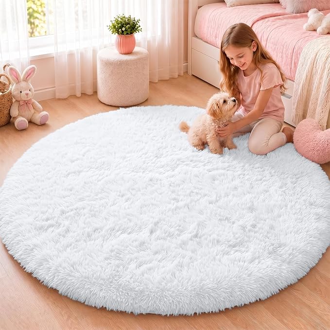 OLANLY White Round Rugs for Bedroom - Machine Washable, 5 ft Circle Area Rugs for Living Room, Soft and Fluffy Shaggy Carpet for Teen Girls and Boys, Nursery Rooms, Dorms, Home Decor Aesthetic