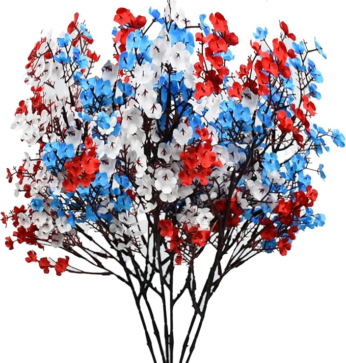 Mandy's Red White Blue Artificial Baby’s Breath European Flowers 6 Bundles Silk Gypsophila with Bendable Stems for Fall Thanksgiving & Christmas Centerpiece Wedding Decor and Table Arrangements