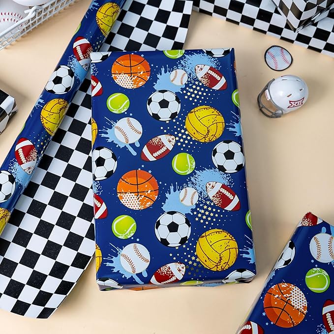 Burymento Ball Wrapping Paper, Reversible Checkerboard Grid Gift Wrap for Birthday, Valentines, Mothers day, Graduation, Wedding, Fathers day, Baby Shower, Christmas (17in x 16.4ft)