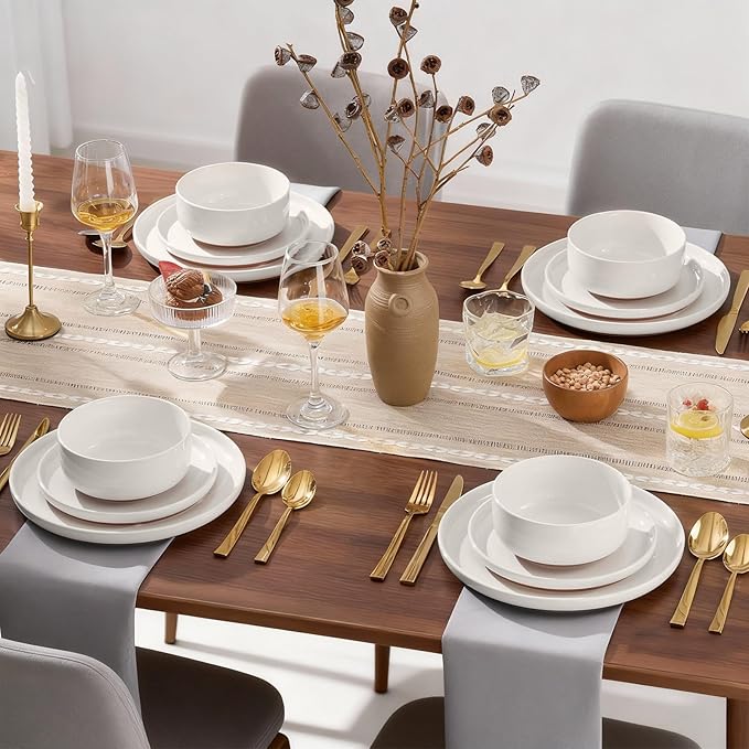 E-far 6-Piece Stoneware Dinnerware Sets, Plates and Bowls Sets for 2, Ceramic Dishware Dishes Set with Terracotta Base, Chip & Scratch Resistant, Microwave & Dishwasher Safe, Speckled White