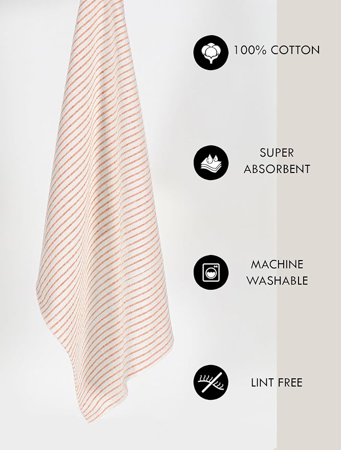 TWINY threads Set of 4 Vintage Stripe Kitchen Towels (18x26 Inches) Premium Tea Towels with Hanging Loop, Highly Absorbent 100% Cotton Bulk Kitchen Hand Towels for Drying Cleaning - Orange