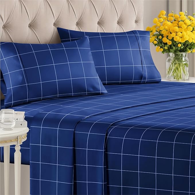 CGK Unlimited Blue Grid Bed Sheet Set – 1 Flat & 1 Fitted Sheet & 2 Pillowcases w/Deep Pockets – Wrinkle & Fade Resistant - Soft, Breathable & Cooling – Checkered Grid Bed Set, Seasons - Queen Size
