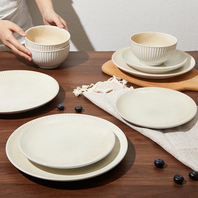 Pokini Ceramic Dinnerware Sets for 4, 12 Pieces Embossed Stoneware Plates and Bowls Sets, Scratch Resistant Dish Sets, Distinctive Granulated Surface, Housewarming Wedding Gift, Brown