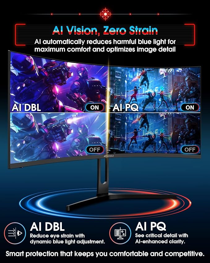 SANSUI 34 Inch UWQHD 200HZ Curved Gaming Monitor, FastVA 3440x1440P Ultrawide 1500R Curved Gaming Computer Monitor 21:9 with PIP PBP, AI Tech Enhance, 2xHDMI2.1 DP1.4Ports(HDMI2.1 Cable Incl.)